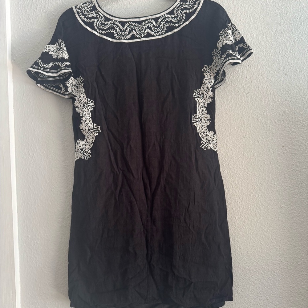 THML Black Mini Dress / Tunic with White Embroidery. Sz Small - Picture 7 of 10